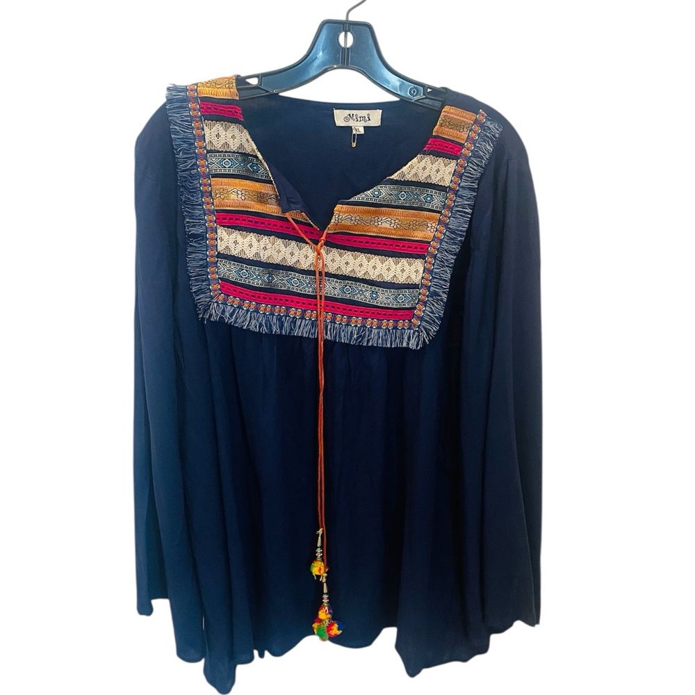 Mimi Navy Bohemian Top with Fringe Size XL